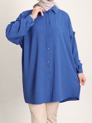 İndigo Kolları Taşlı Fırfırlı Salaş Ayrobin Tunik