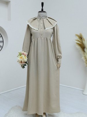 Vizon Önlük Yaka Büzgülü Yarım Düğme Keten Elbise