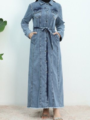 Mavi Taş İşlemeli Belden Bağlamalı Cepli Kot Elbise