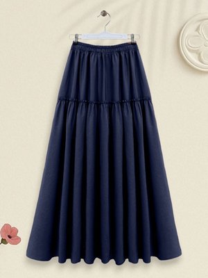 Lacivert Uzun Parçalı Beli Lastikli Kraş Desen Paraşüt Etek