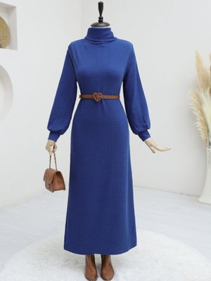 İndigo Boğazlı Fitilli Elbise