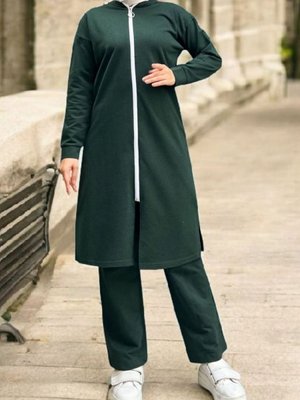 Zümrüt Yakası Biyeli Boydan Fermuarlı İki İp Penye İkili Takım