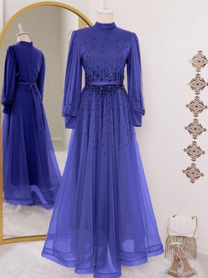 Lacivert Tasarım Taş Detaylı Kabartma Etekli Tül Abiye Elbise