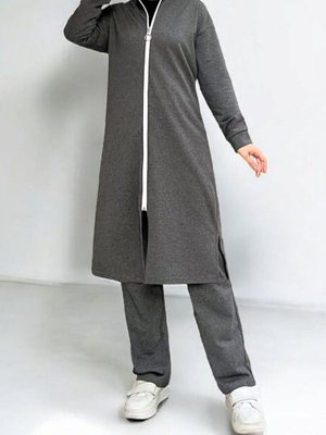 Füme Yakası Biyeli Boydan Fermuarlı İki İp Penye İkili Takım Füme Yakası Biyeli Boydan Fermuarlı İki İp Penye İkili Takım