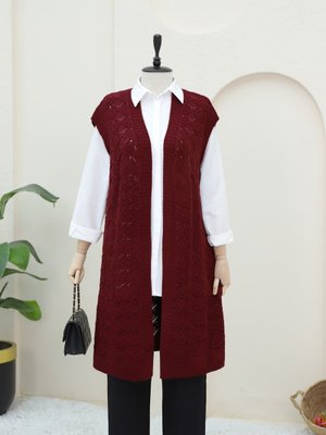 Bordo Ajurlu Uzun Triko Yelek