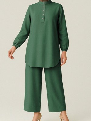 Zümrüt Yarım Düğmeli Koli Lastikli Dik Yaka Keten İkili Takım