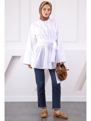 Beyaz Bel Bağlamalı Tunik