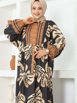 Siyah Tropikal Desenli Elbise Siyah Tropikal Desenli Elbise