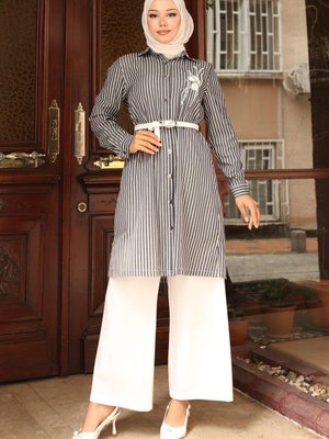 Siyah Çizgili Nakışlı Tunik Pantolon Takım