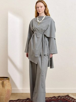 Gri Organik Keten Double Paça Pantolon