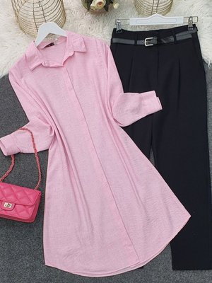 Pembe Boydan Gizli Düğmeli Keten Tunik