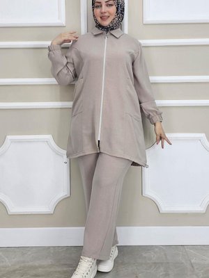 Bej Fermuarlı Tunik