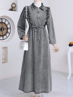 Füme Robadan Fırfırlı Belden Büzgü Kot Elbise Füme Robadan Fırfırlı Belden Büzgü Kot Elbise