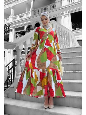 Turuncu Alya Desenli Viskon Elbise