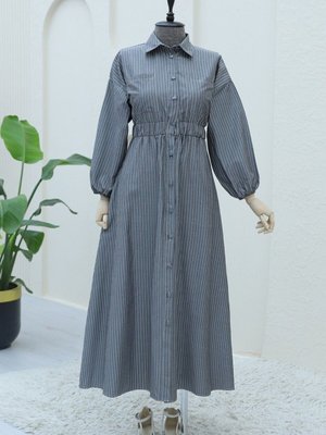 Füme Önden Düğmeli Beli Lastikli Çizgili Elbise