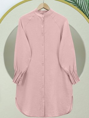 Pudra Kolu Nervürlü Eteği Oval Kesim Uzun Tunik