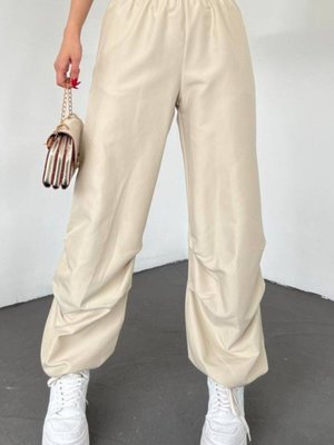 Bej Beli Bantlı Paçası Lastikli Pantolon