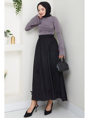Fiyonk Detay Beli Lastikli Siyah Etek Fiyonk Detay Beli Lastikli Siyah Etek
