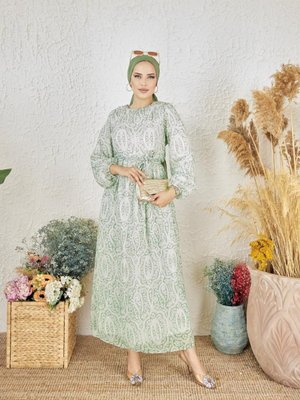 Yeşil Ankanoor Otantik Desenli Şifon Elbise