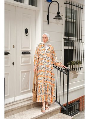 Turuncu Çicek Desenli Elbise Turuncu Çicek Desenli Elbise