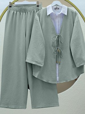 Mint Önü Çift Bağlamalı Pantolonlu Kimono İkili Takım Mint Önü Çift Bağlamalı Pantolonlu Kimono İkili Takım
