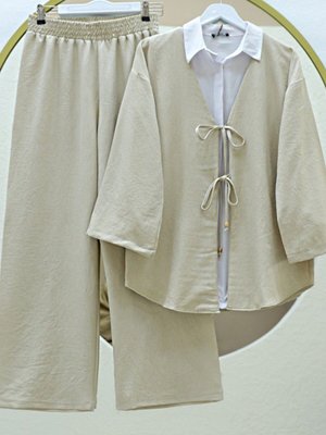 Bej Önü Çift Bağlamalı Pantolonlu Kimono İkili Takım