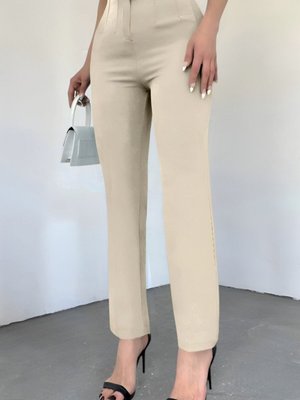 Bej Cep Detaylı Yüksek Bel Pantolon