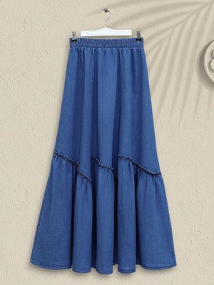 İndigo Uzun Beli Lastikli Parça Kumaş Kot Etek