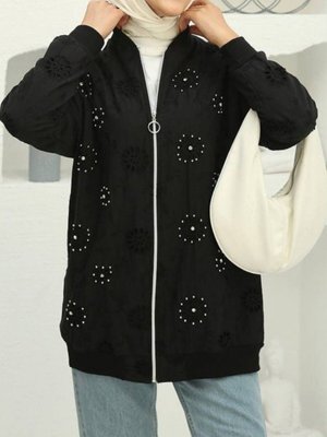 Siyah Fermuarlı Astarlı Taş Ve Boncuklu Tunik