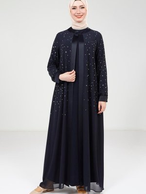 Lacivert Taş Detaylı Şifon Abaya Takım Lacivert Taş Detaylı Şifon Abaya Takım