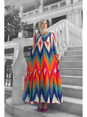 Turuncu Melin Desenli Viskon Elbise