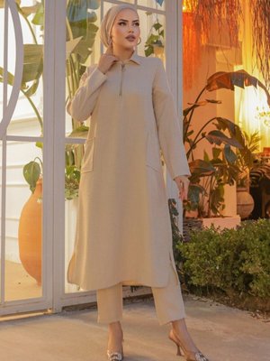 Krem Yaka Fermuarlı Torba Cepli Uzun Keten Tunik