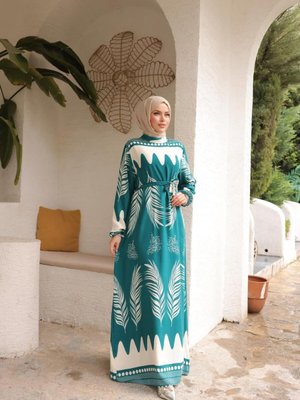 Turkuaz Ankanoor Yaprak Desenli Viskon Elbise Turkuaz Ankanoor Yaprak Desenli Viskon Elbise