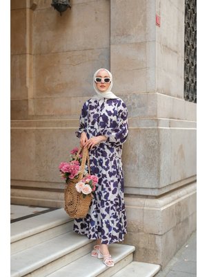 Lacivert Leopar Desenli Elbise Lacivert Leopar Desenli Elbise