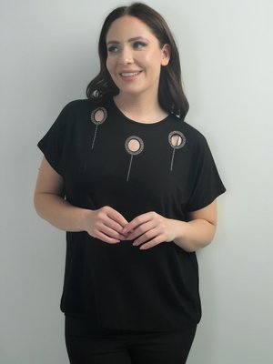 Siyah Omuzu Taş Baskılı Bisiklet Yaka Yarasa Kol B.b. Bluz