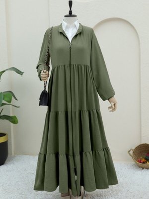 Haki Boydan Fermuarlı Kolu Lastikli Parçalı Ayrobin Ferace