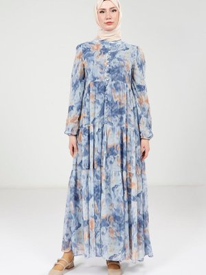 Mavi Baskılı Düğmeli Elbise