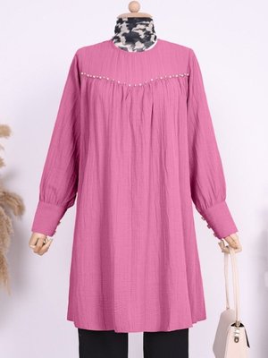 Fuşya Robası İncili Taşlı Kolu Düğmeli Salaş Tunik