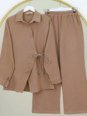 Vizon Çapraz Düğmeli Çift Bağcıklı Müslin İkili Takım