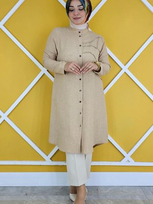 Bej Aller Kesim Dik Yaka Taş Detaylı Gömlek