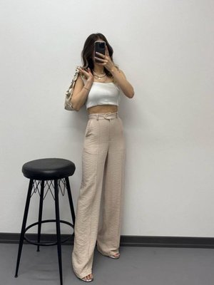 Bej Yüksek Bel Bol Paça Keten Pantolon