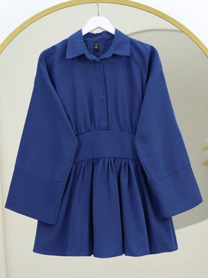 Lacivert Yarım Düğmeli Beli Bağlamalı Yanı Fermuarlı Tunik