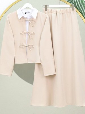 Bej Önü Bağcıklı Beli Lastikli Çan Etekli İkili Takım