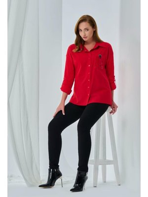 Kırmızı Büyük Beden Kollar Katlama Detaylı Gömlek