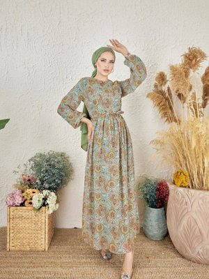 Mint Ankanoor Etnik Desenli Şifon Elbise