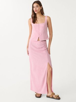 Pastel Pembe Uzun Yan Yırtmaçlı Keten Etek