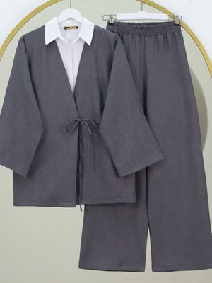 Füme Önden Bağlamalı Pantolonlu Kimono İkili Takım Füme Önden Bağlamalı Pantolonlu Kimono İkili Takım