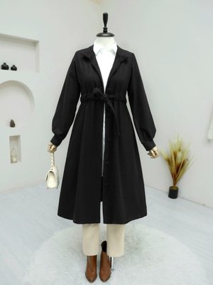 Siyah Hakim Yaka Tünel Bağcıklı Kaşe Kaban