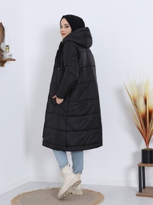 Siyah Sabit Kapüşonlu Kuş Gözü Detaylı Uzun Kaban