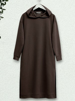 Kahve Kapüşonlu Yırtmaçlı Çift Cepli Uzun Penye Tunik